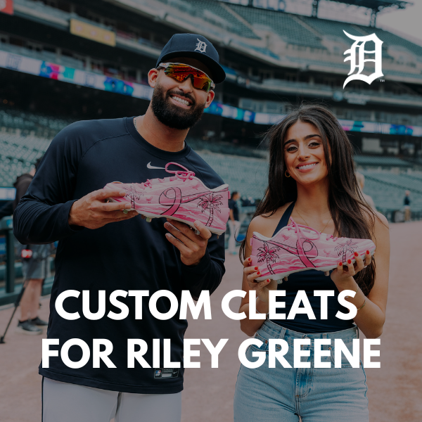 Custom hand-painted cleats for Detroit Tigers player Riley Greene created by Just by Juliana for Strike Out Cancer Weekend.