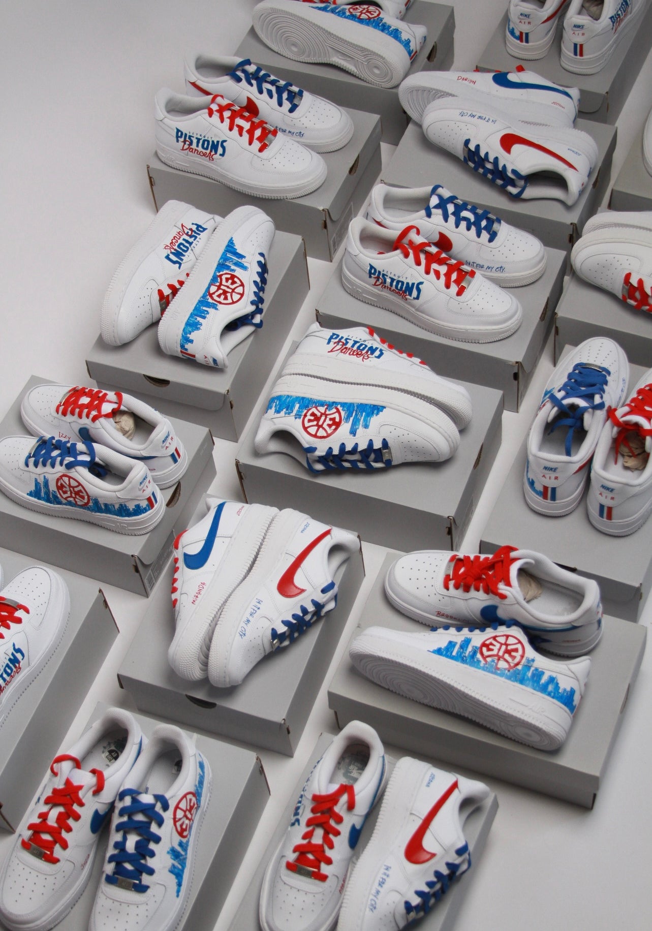 Hand-painted Detroit Pistons custom sneakers designed by Just by Juliana