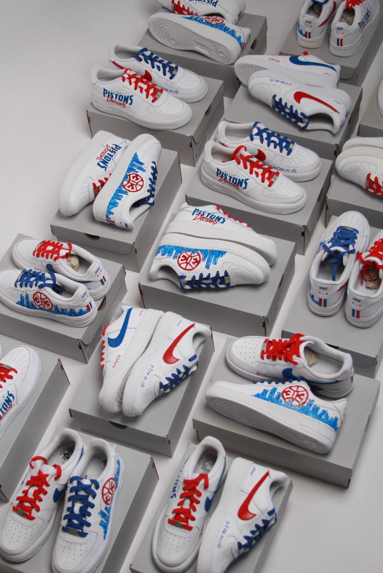 Hand-painted Detroit Pistons custom sneakers designed by Just by Juliana