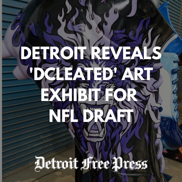 Detroit Free Press article featuring giant NFL Draft cleat sculptures including work by Just by Juliana