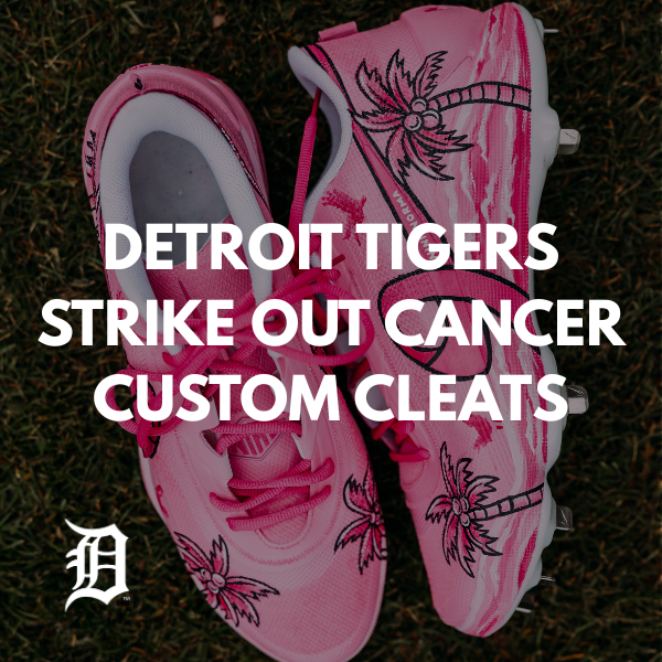 Custom Detroit Tigers Strike Out Cancer cleats hand-painted by Just by Juliana for a meaningful game-day tribute.