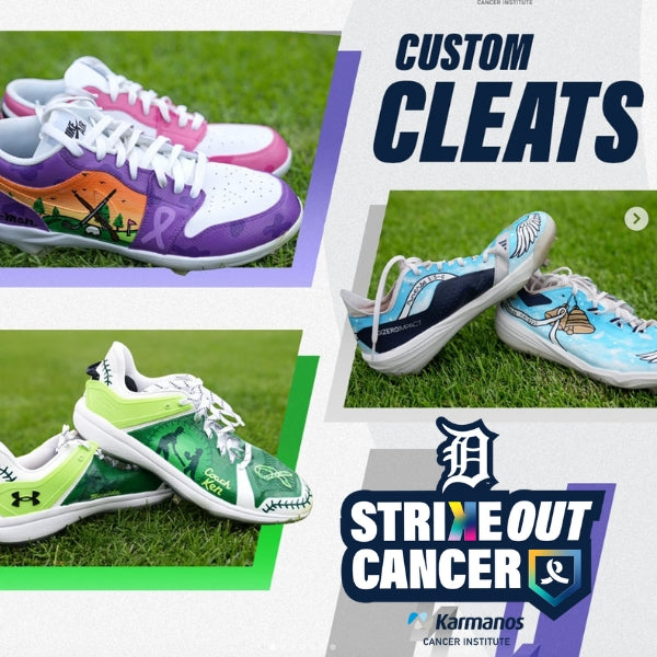 Detroit Tigers Strikeout Cancer custom cleats collaboration created by Just by Juliana