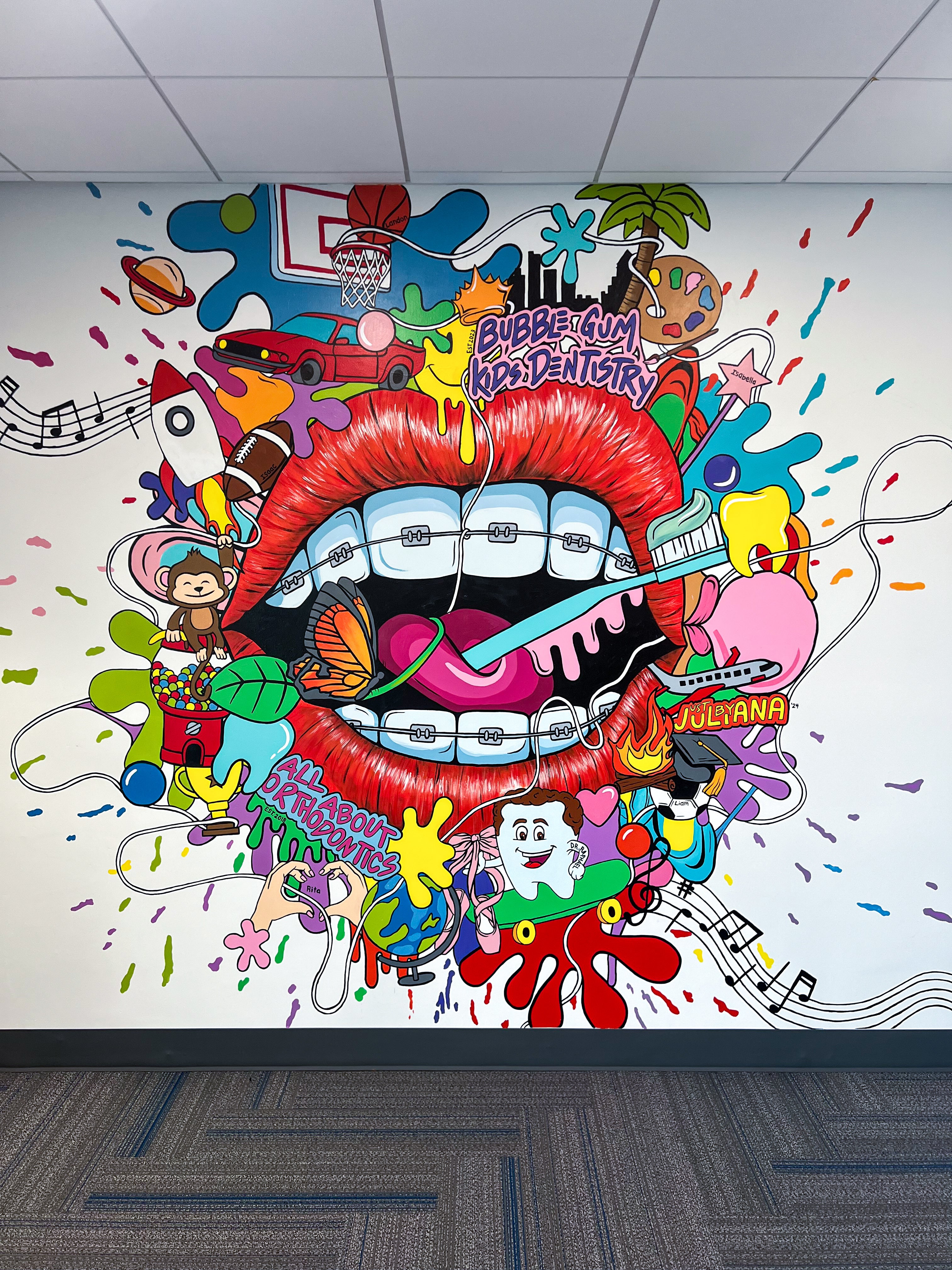 Colorful “Mouthful of Moments” orthodontist office mural created by Just by Juliana