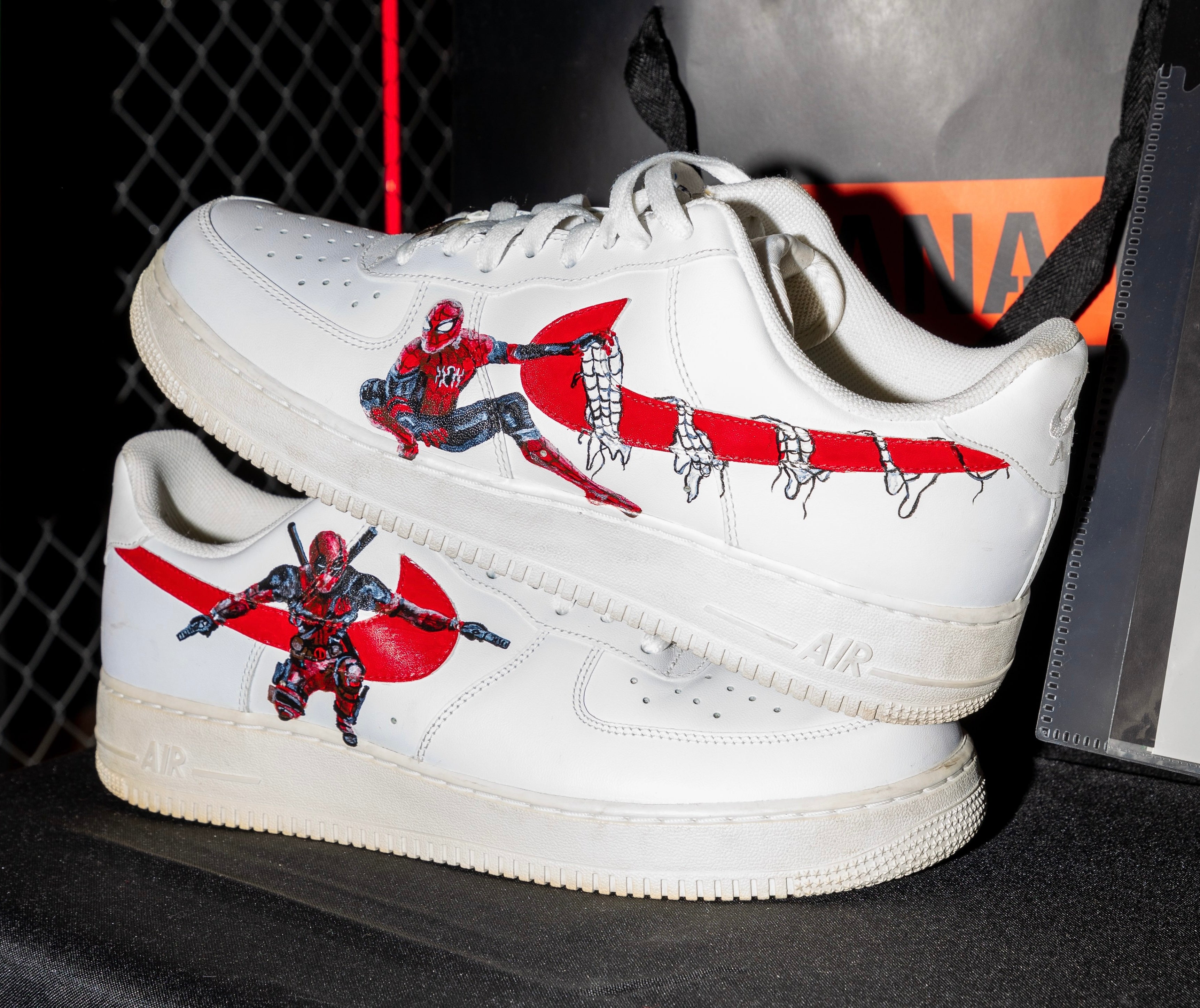 Custom Spiderman x Deadpool themed hand-painted sneakers by Detroit artist Just by Juliana