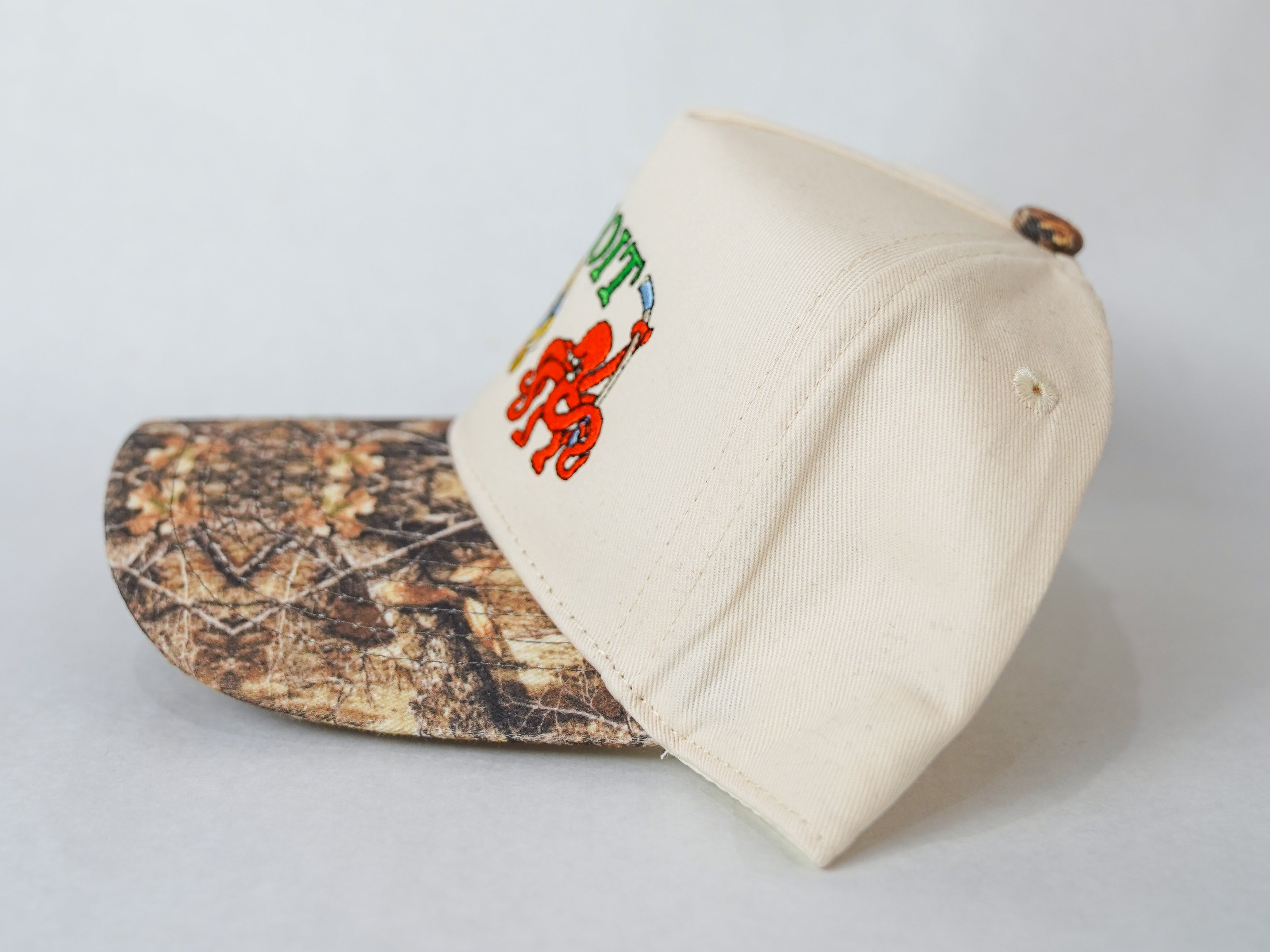 Side view of Camo Sport City Detroit wearable art hat by Just by Juliana