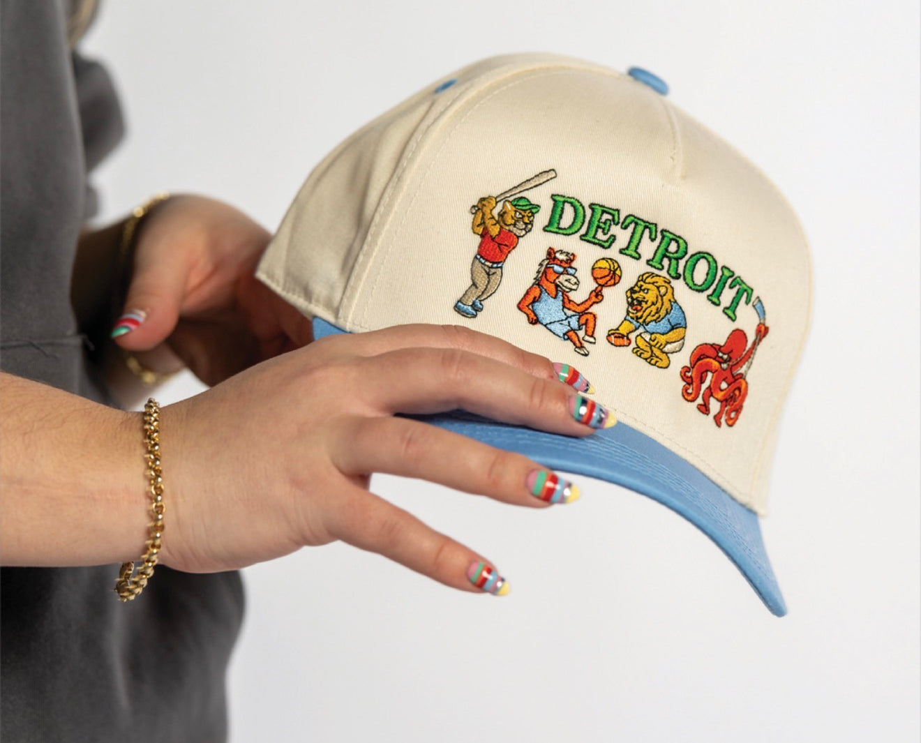Light blue Sport City hat featuring Detroit-inspired wearable art design by Just by Juliana