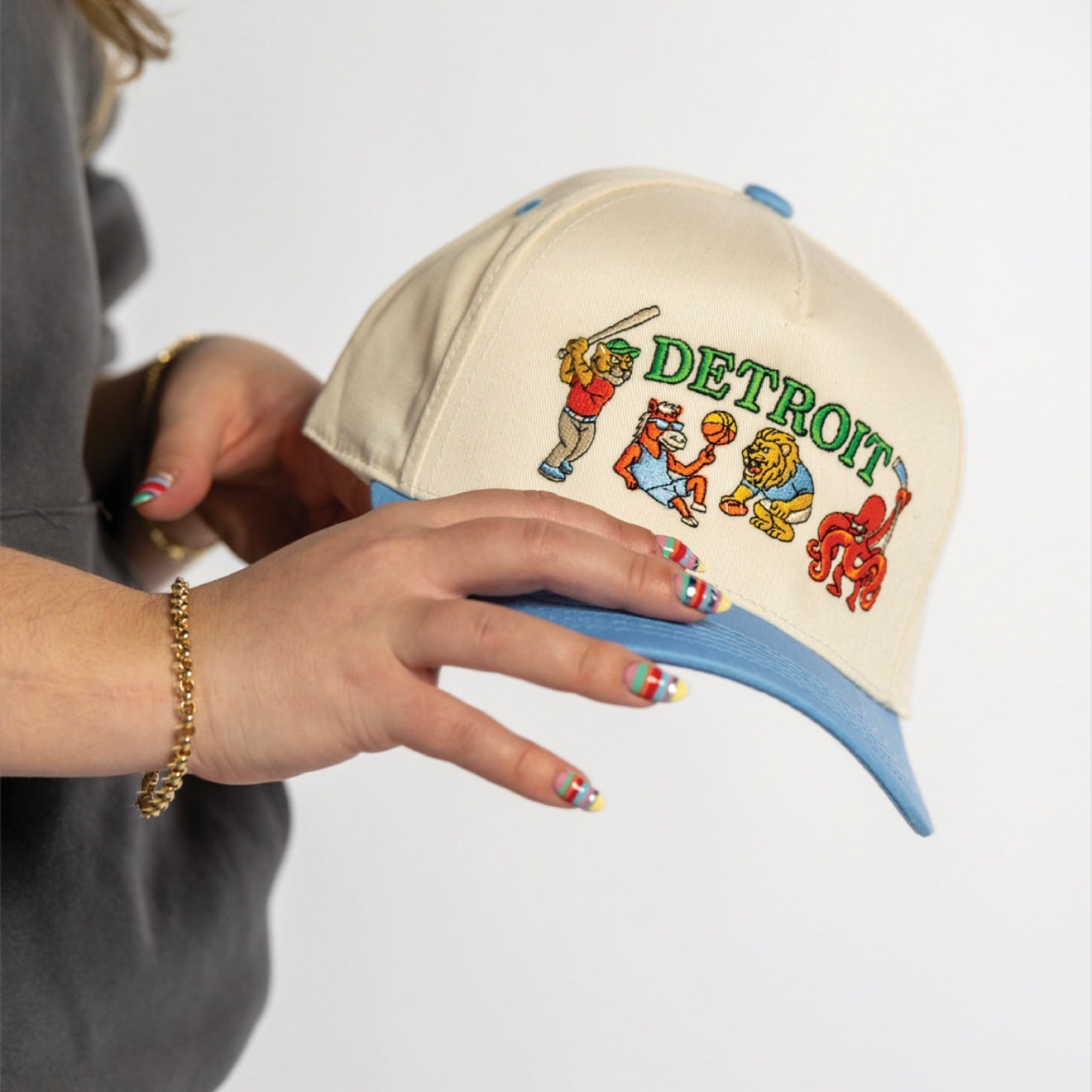 Light blue Sport City hat featuring Detroit-inspired wearable art design by Just by Juliana