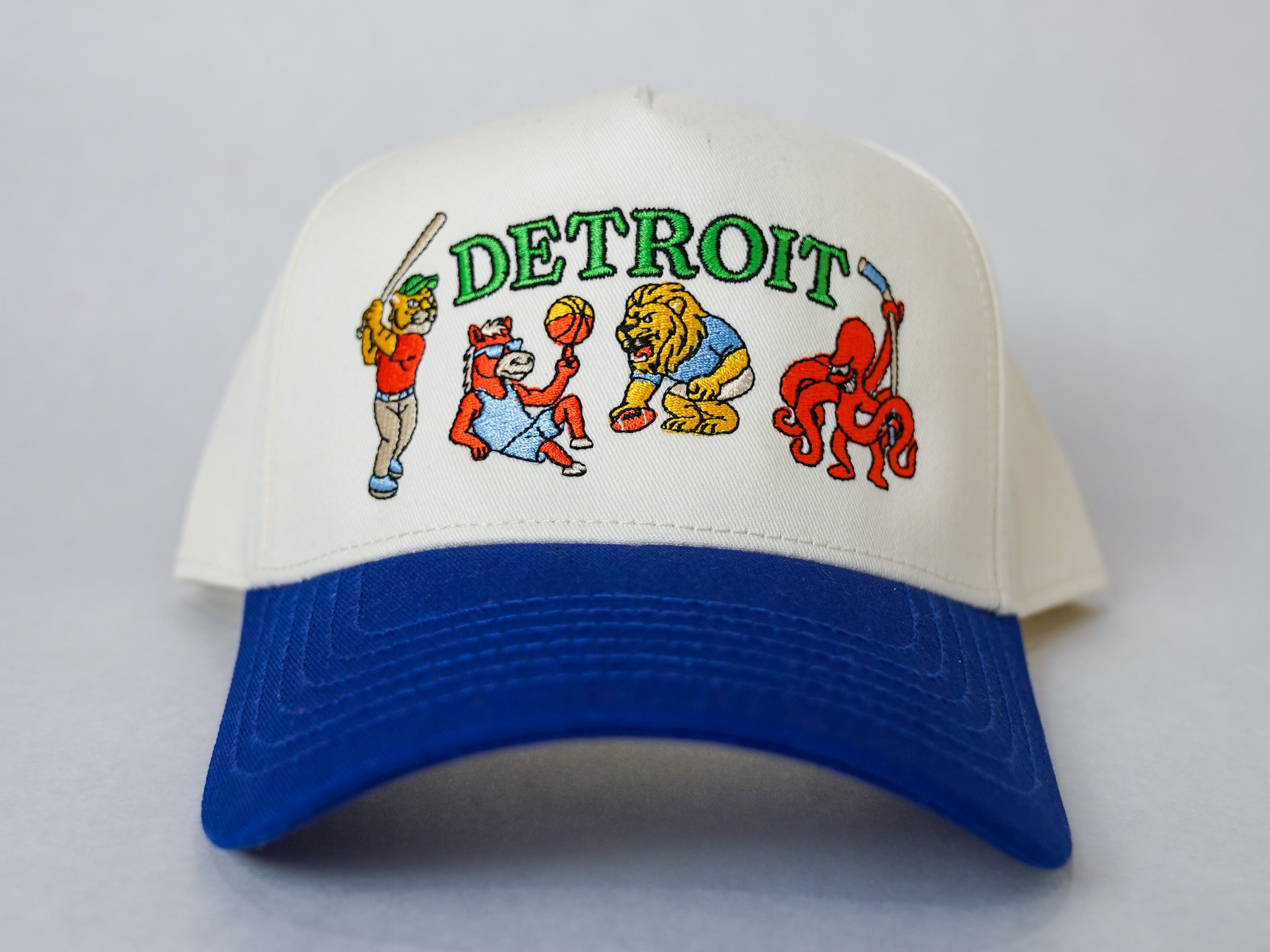 Front view of Royal Blue Sport City Detroit wearable art hat by Just by Juliana